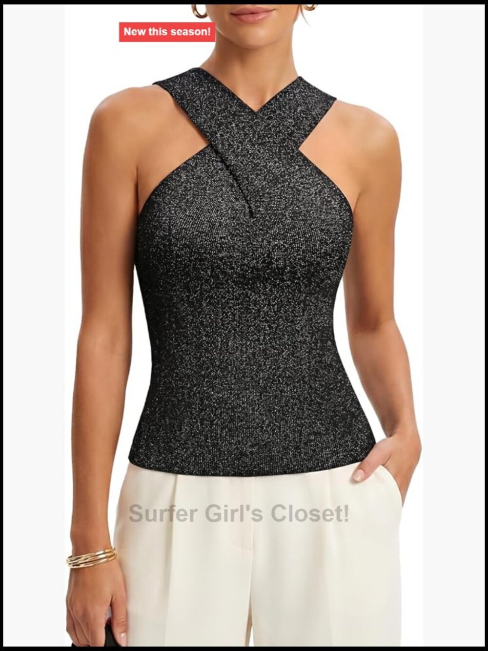Women's Sparkly Criss Cross Halter Tank Top Stretchy Knit Sleeveless Blouse